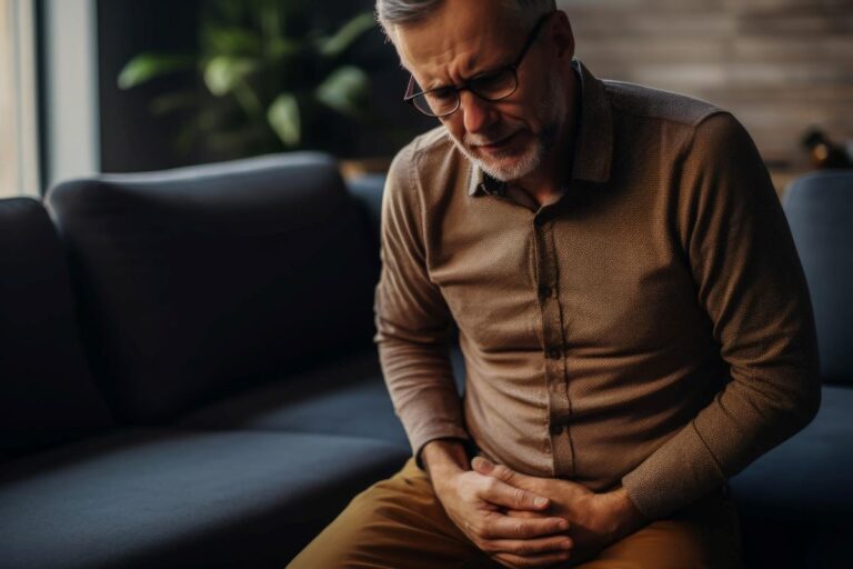 Imagem generativa de homem com a mão sobre a pelve devido aos desconfortos da hiperplasia prostática