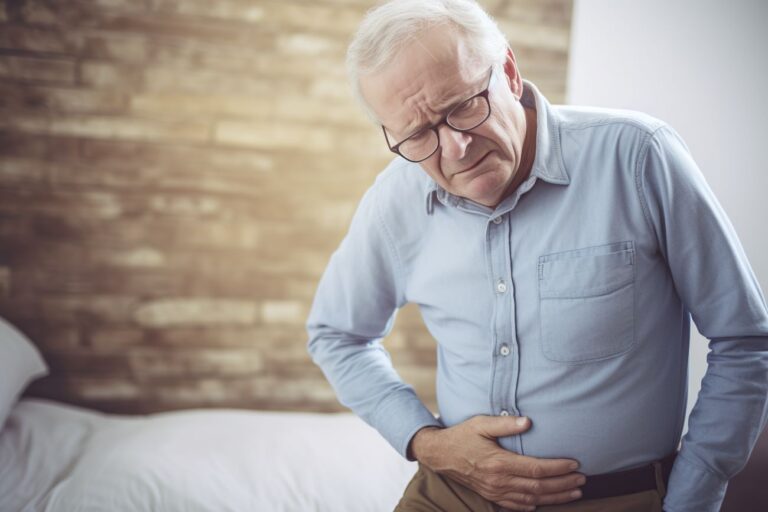 Sentado na cama, homem com sintomas do câncer de próstata coloca as mãos nas barriga