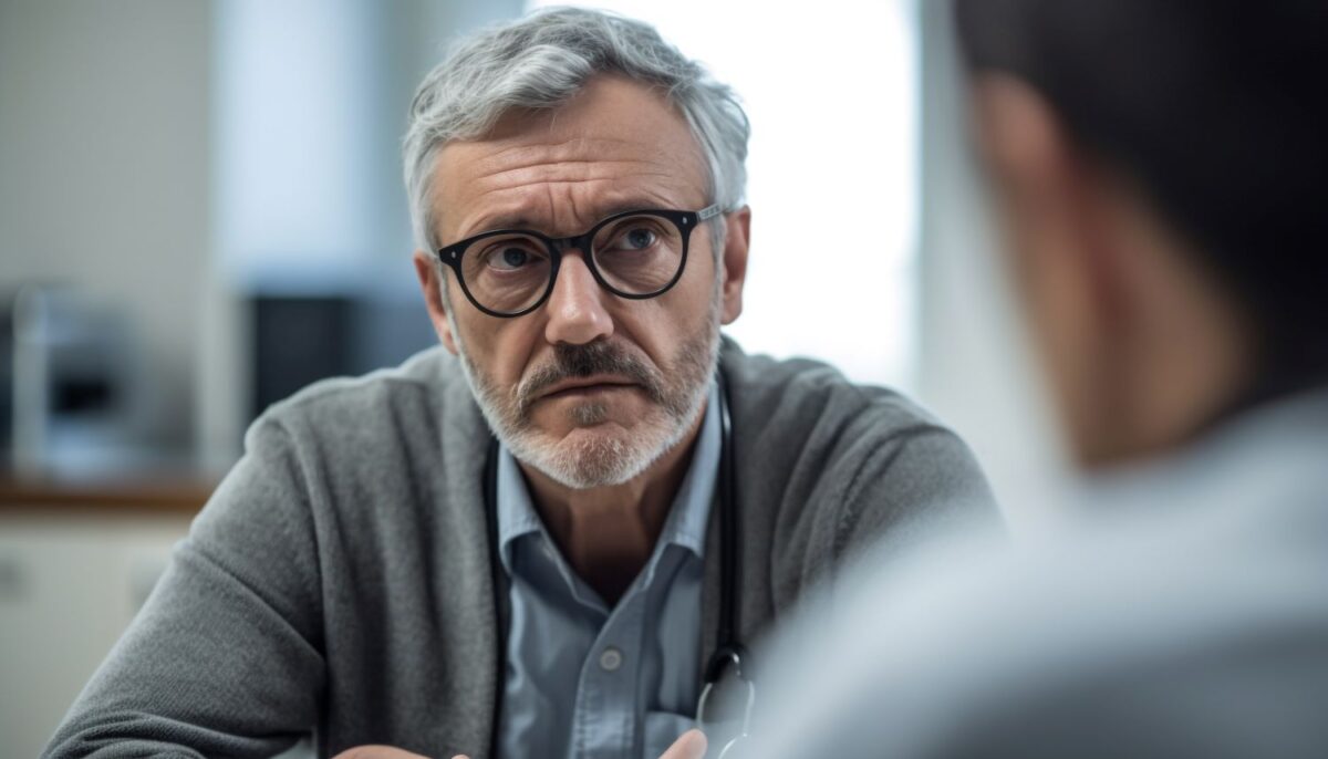 Médico em consulta dá diagnóstico de hiperplasia benigna da próstata