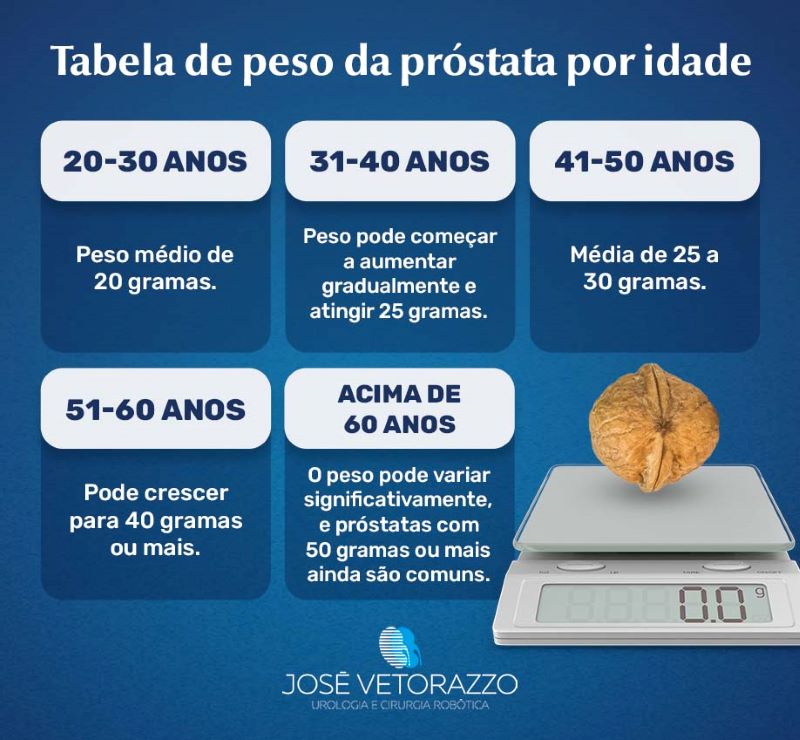 Infográfico com a tabela de peso da próstata por idade. Os números são: 20-30 anos: peso médio de 20 gramas 31-40 anos: peso pode começar a aumentar gradualmente e atingir 25 gramas 41-50 anos: média de 25 a 30 gramas 51-60 anos: pode crescer para 40 gramas ou mais Acima de 60 anos: o peso pode variar significativamente, e próstatas com 50 gramas ou mais ainda são comuns