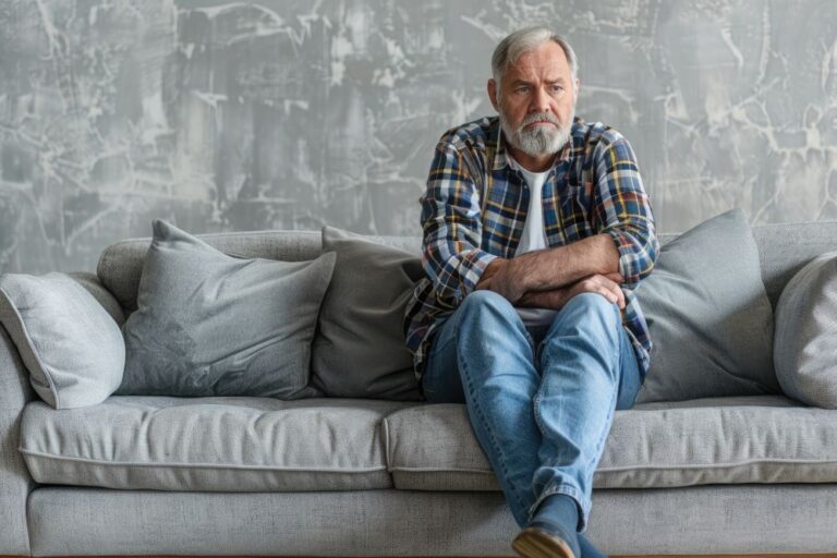 Homem sentado em sofa reflete sobre a próstata aumentada e seus sintomas