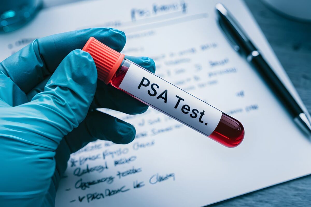 Mão segurando tubo de ensaio com exame de sangue para a próstata