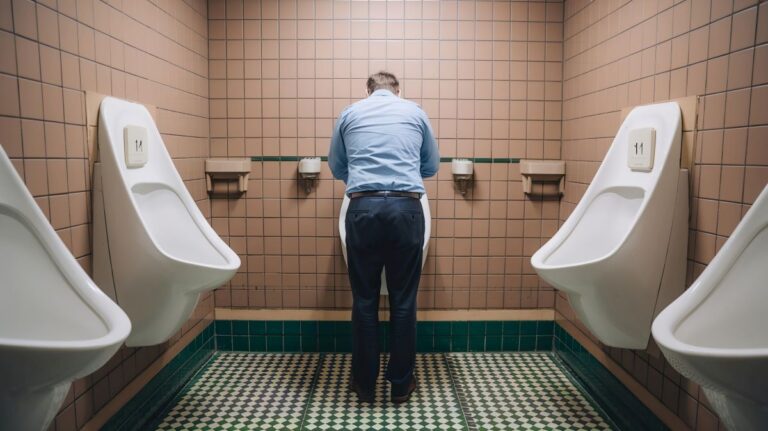Homem com vontade de fazer xixi toda hora vai para banheiro com vários mictórios