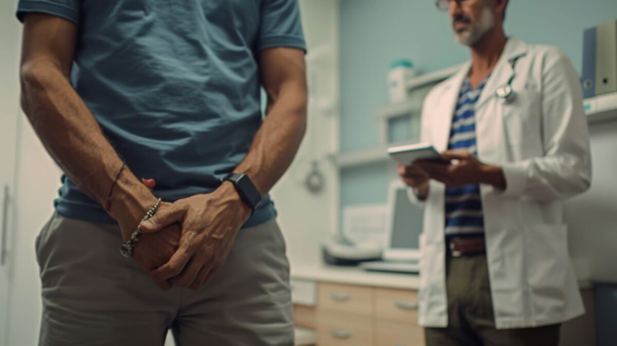 Médico conversa com paciente em consultório, que tem dúvida se Hiperplasia prostática benigna causa impotência