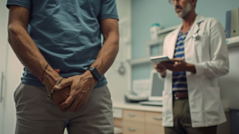 Médico conversa com paciente em consultório, que tem dúvida se Hiperplasia prostática benigna causa impotência