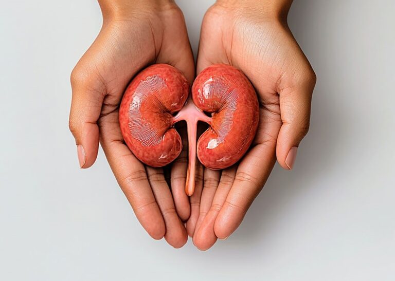 Mãos seguram uma representação dos rins. Será que cisto no rim é perigoso?