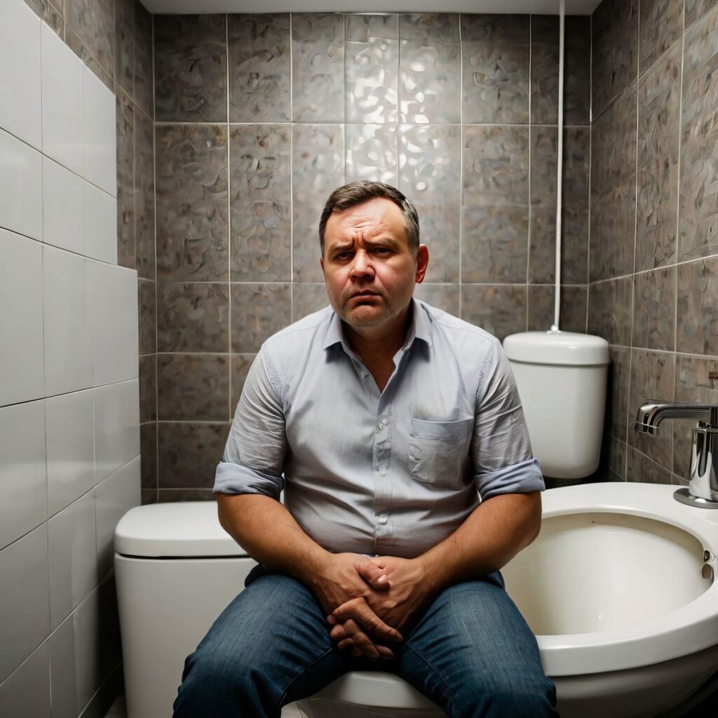 Homem sentado em vaso sanitário se pergunta "Acabo de urinar e continuo com vontade, por quê?"