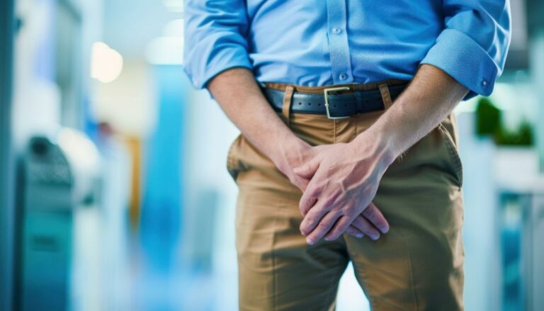 Homem com sintomas da HPB coloca mão sobre a pelve. Muitos têm dúvidas se raspagem da próstata causa impotência