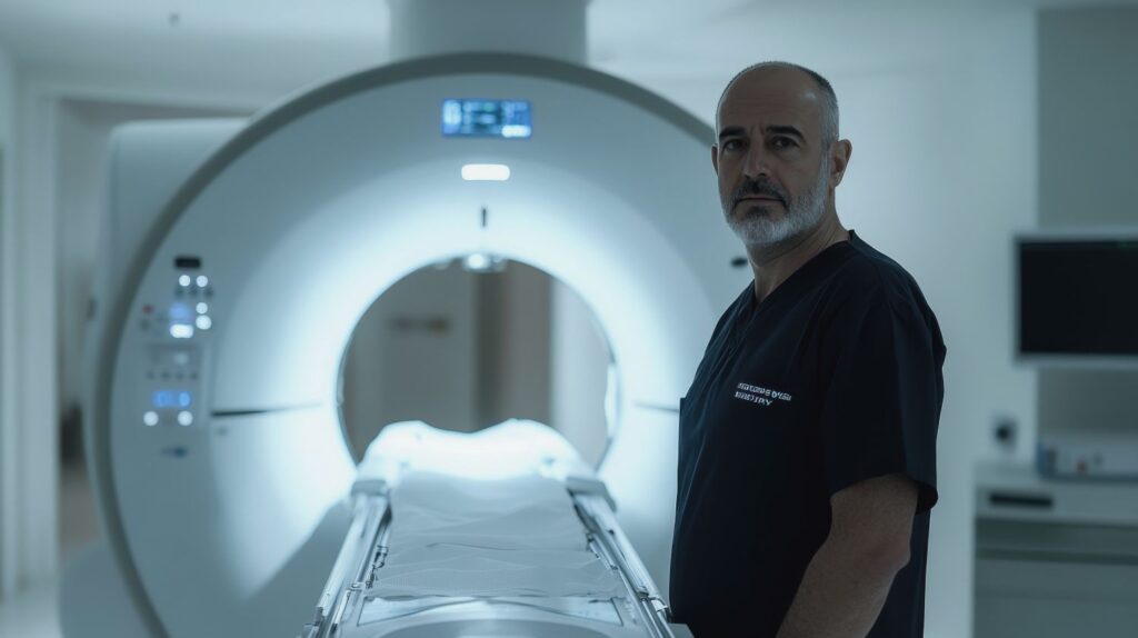 Médico ao lado de equipamento de PET scan, utilizado para diagnóstico preciso de câncer e outras alterações metabólicas.