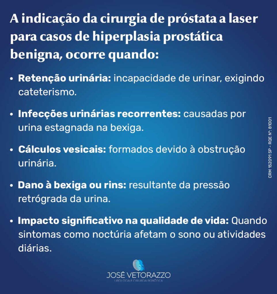 A indicação ocorre em casos de:
Retenção urinária: incapacidade de urinar, exigindo cateterismo;
Infecções urinárias recorrentes: causadas por urina estagnada na bexiga;
Cálculos vesicais: formados devido à obstrução urinária;
Dano à bexiga ou rins: resultante da pressão retrógrada da urina;
Impacto significativo na qualidade de vida: quando sintomas como noctúria afetam o sono ou atividades diárias.