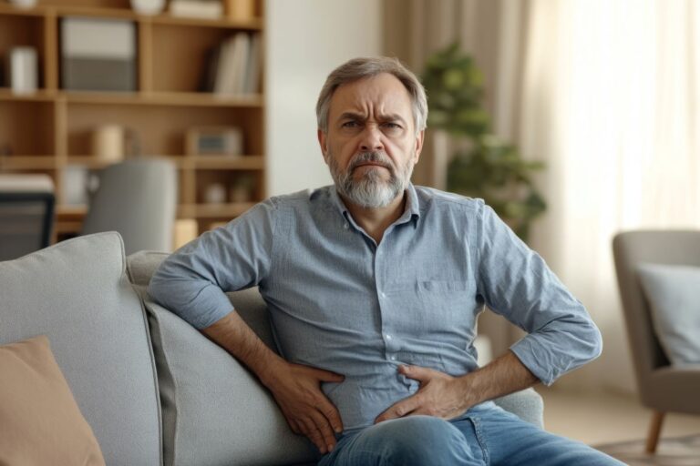 Homem com desconforto ao urinar, ilustrando quais os primeiros sintomas de problemas na próstata