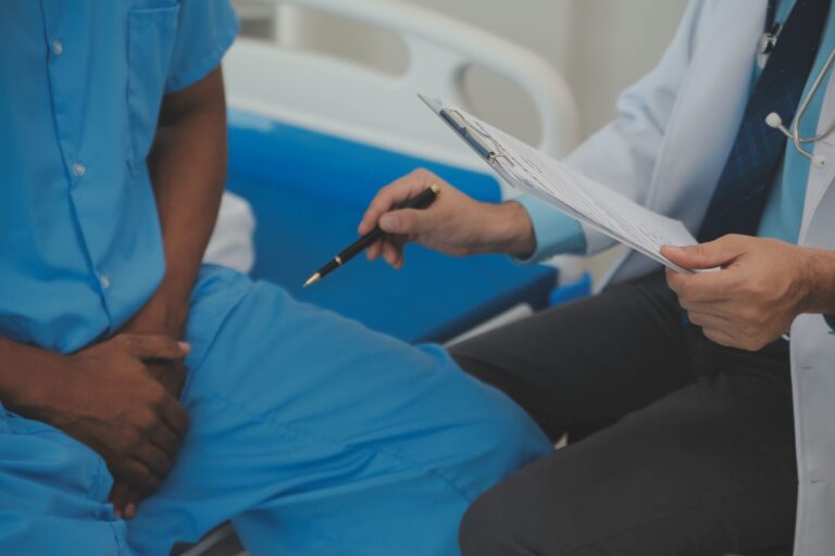 Médico urologista explicando opções de terapias focais para câncer de próstata, como como HIFU e eletroporação irreversível, a paciente em consultório moderno