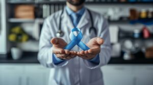 Médico segurando laço azul representando conscientização e tratamento do câncer de próstata avançado e metastático.