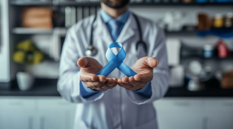 Médico segurando laço azul representando conscientização e tratamento do câncer de próstata avançado e metastático.
