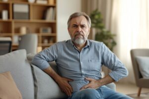 Homem sentado no sofá com expressão de dor segurando o abdômen, representando sintomas de infecção urinária recorrente e desconforto na região pélvica.