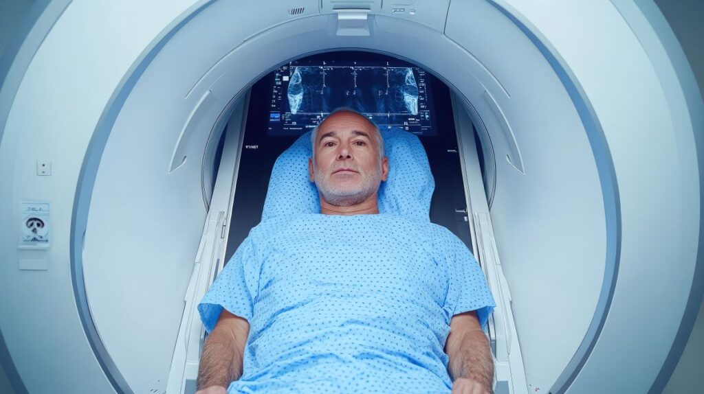 Paciente deitado em aparelho de ressonância magnética realizando ressonância da próstata em ambiente hospitalar para avaliação diagnóstica.