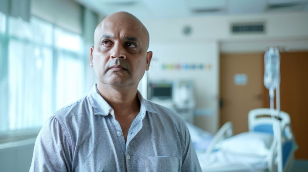Homem em ambiente hospitalar olhando para o lado com expressão reflexiva, ilustrando dúvidas e expectativas relacionadas ao tema câncer de próstata grau 8 tem cura.