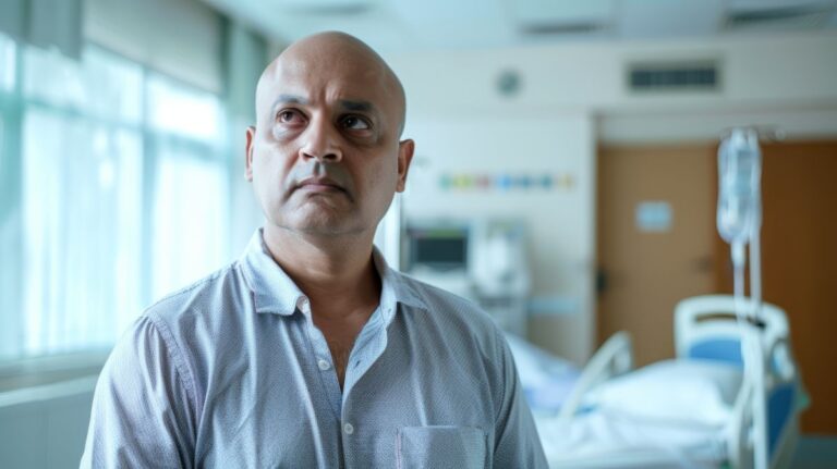 Homem em ambiente hospitalar olhando para o lado com expressão reflexiva, ilustrando dúvidas e expectativas relacionadas ao tema câncer de próstata grau 8 tem cura.