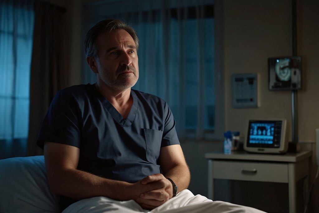 Homem sentado em ambiente hospitalar com expressão reflexiva durante consulta sobre acompanhamento oncológico e a possibilidade de que o câncer de próstata pode voltar depois da cirurgia.