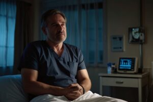 Homem sentado em ambiente hospitalar com expressão reflexiva durante consulta sobre acompanhamento oncológico e a possibilidade de que o câncer de próstata pode voltar depois da cirurgia.