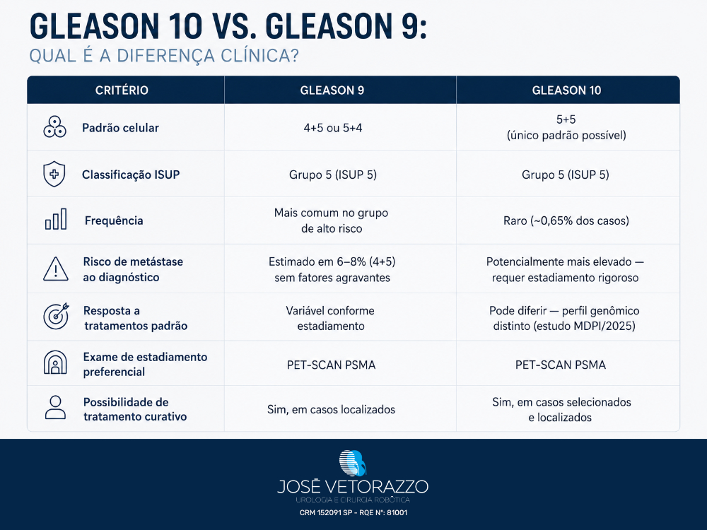 Gleason 10 vs. Gleason 9: qual é a diferença clínica? 
Critério
Gleason 9
Gleason 10
Padrão celular
4+5 ou 5+4
5+5 (único padrão possível)
Classificação ISUP
Grupo 5 (ISUP 5)
Grupo 5 (ISUP 5)
Frequência
Mais comum no grupo de alto risco
Raro (~0,65% dos casos)
Risco de metástase ao diagnóstico
Estimado em 6–8% (4+5) sem fatores agravantes
Potencialmente mais elevado — requer estadiamento rigoroso
Resposta a tratamentos padrão
Variável conforme estadiamento
Pode diferir — perfil genômico distinto (estudo MDPI/2025)
Exame de estadiamento preferencial
PET-SCAN PSMA 
PET-SCAN PSMA
Possibilidade de tratamento curativo
Sim, em casos localizados
Sim, em casos selecionados e localizados

 
