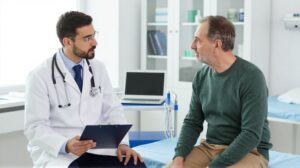 Médico conversa com paciente em consultório, com prancheta e equipamentos médicos, ilustrando HoLEP após RTU.